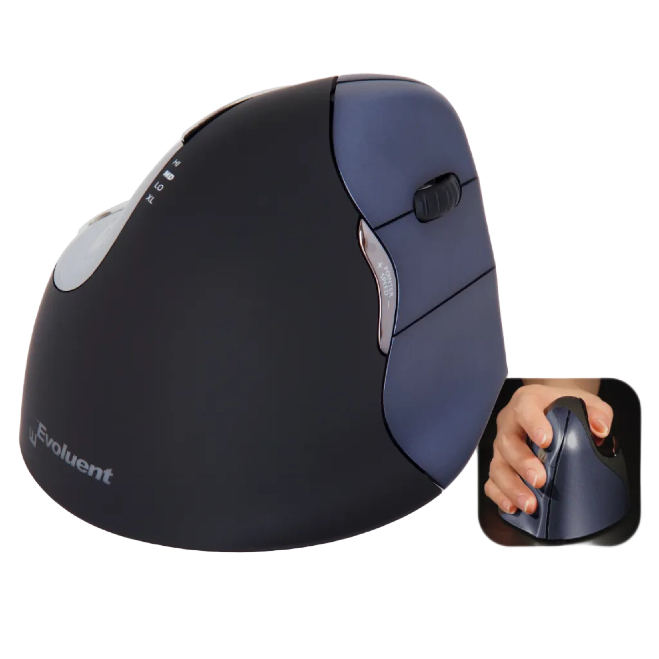 Black ergonomic mouse with a close-up of a hand using it on a white background
