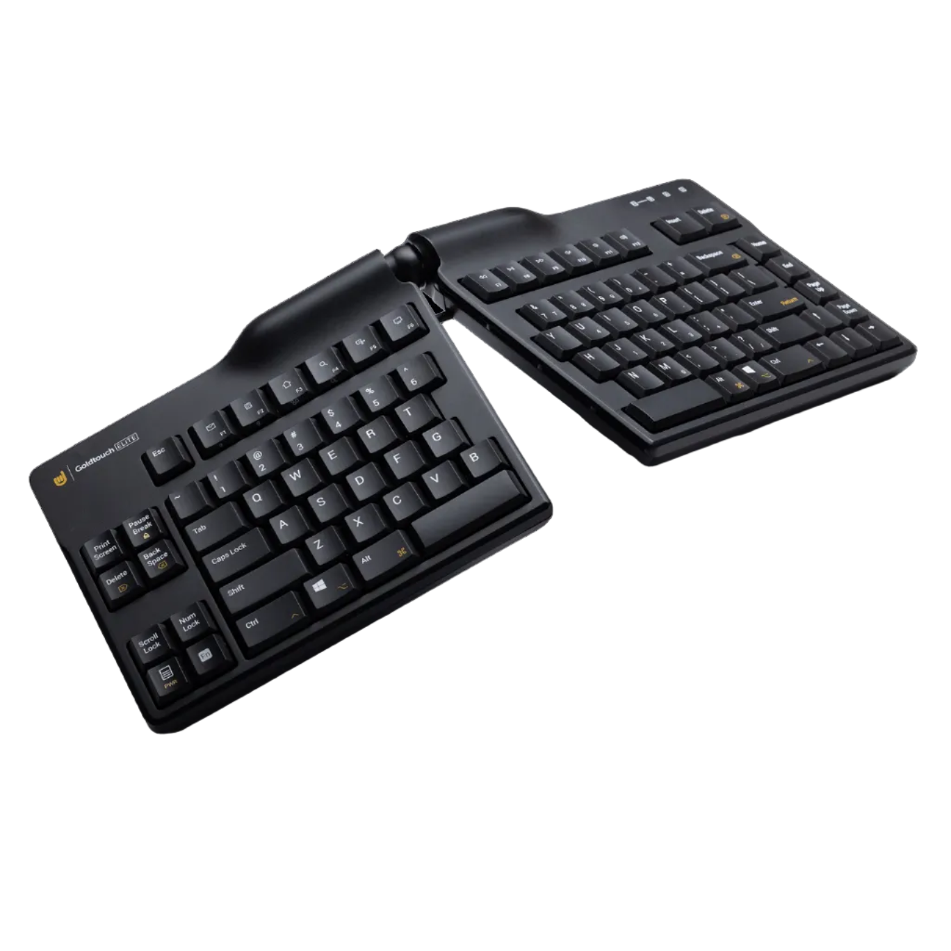 Black split keyboard on a white background