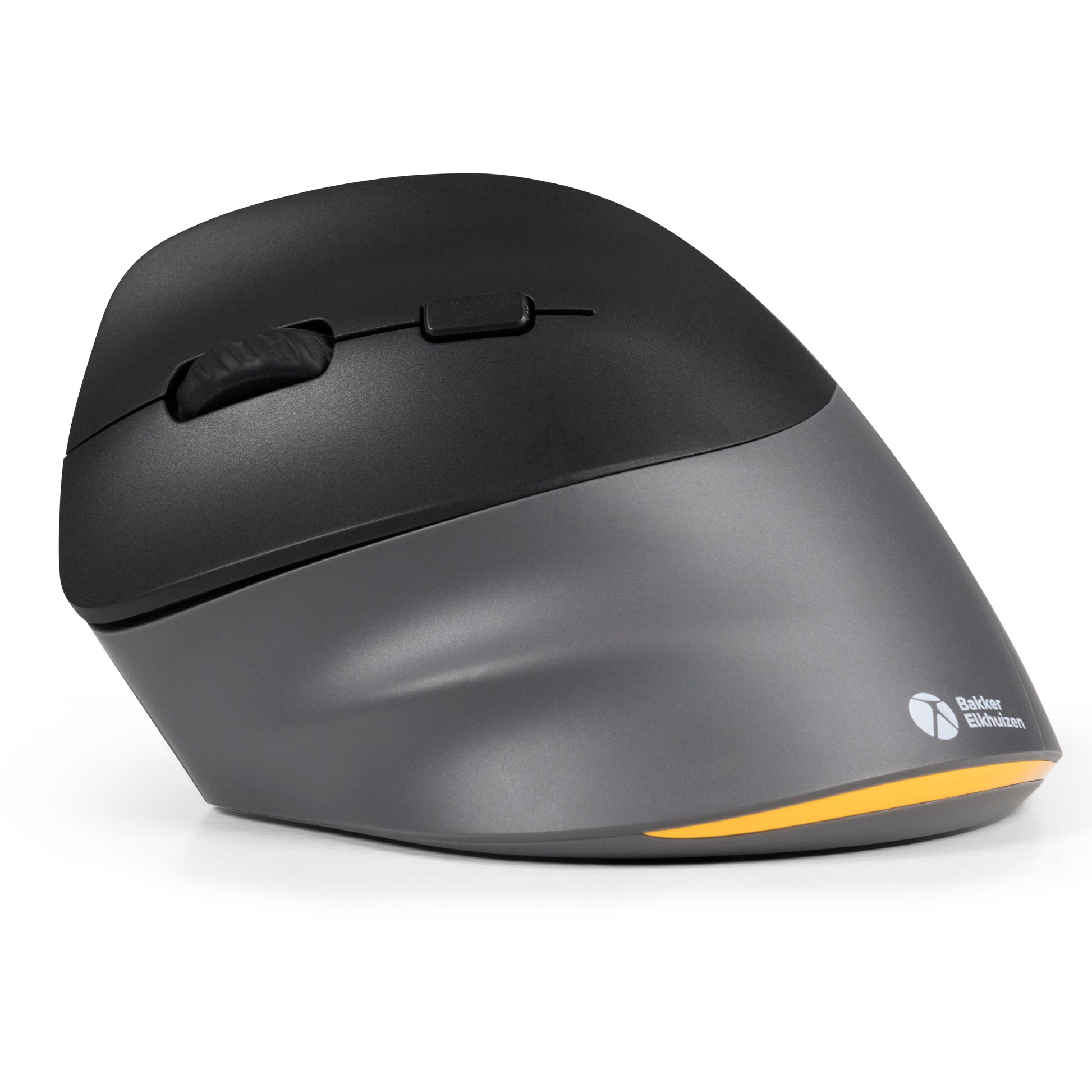 Gray ergonomic mouse with a visible brand logo on a white background