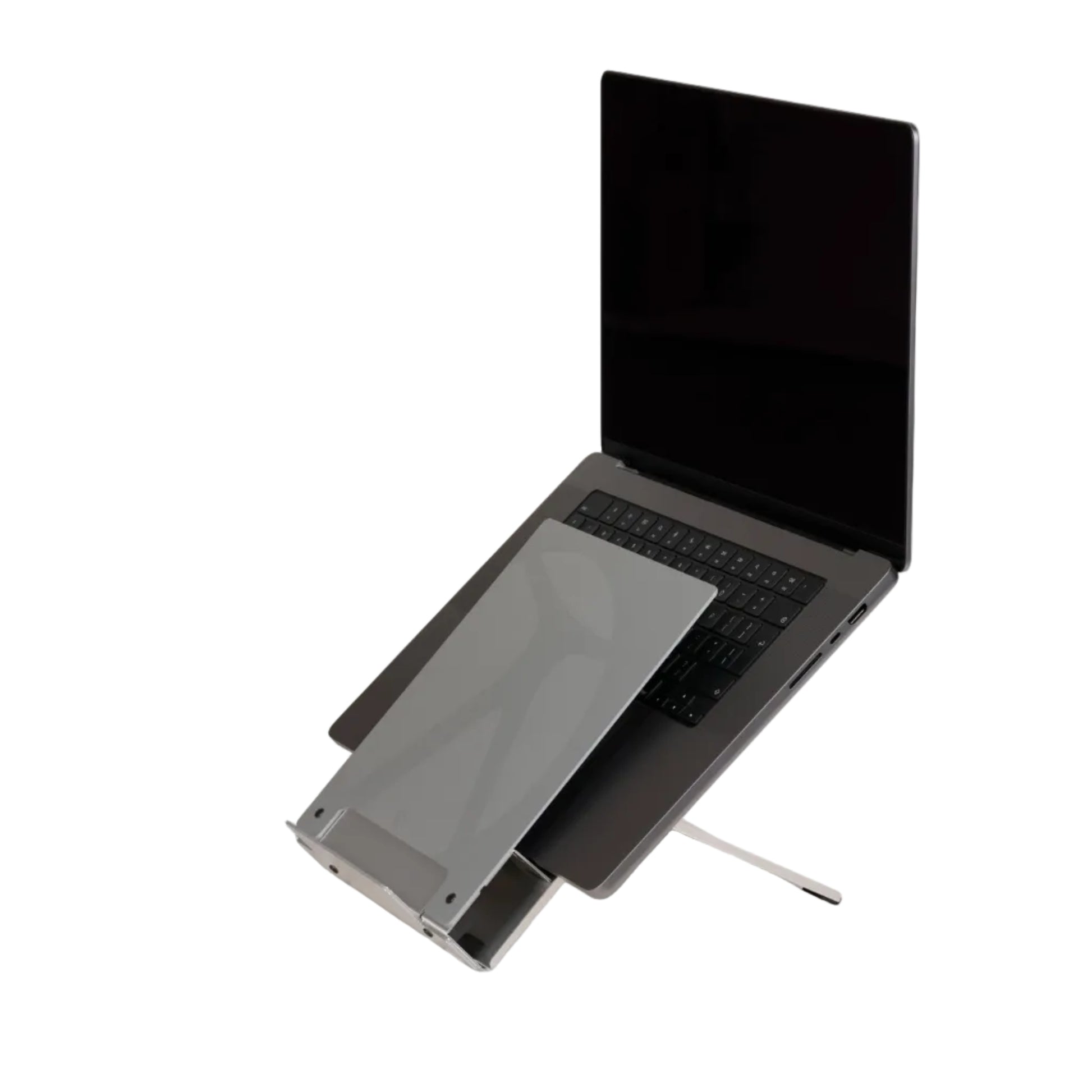 Laptop on a stand with a tablet attached on a white background