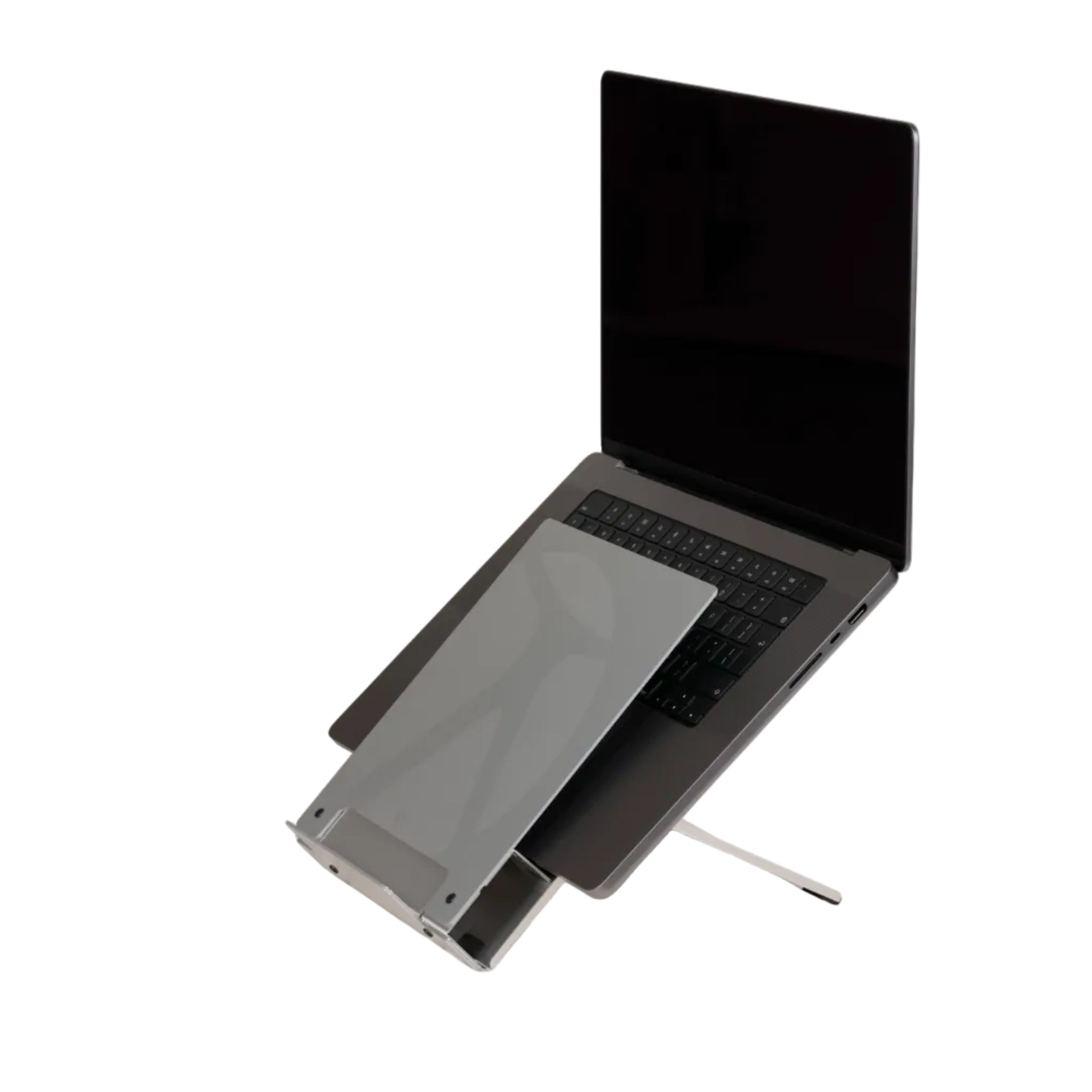 Laptop on a stand with a tablet attached on a white background