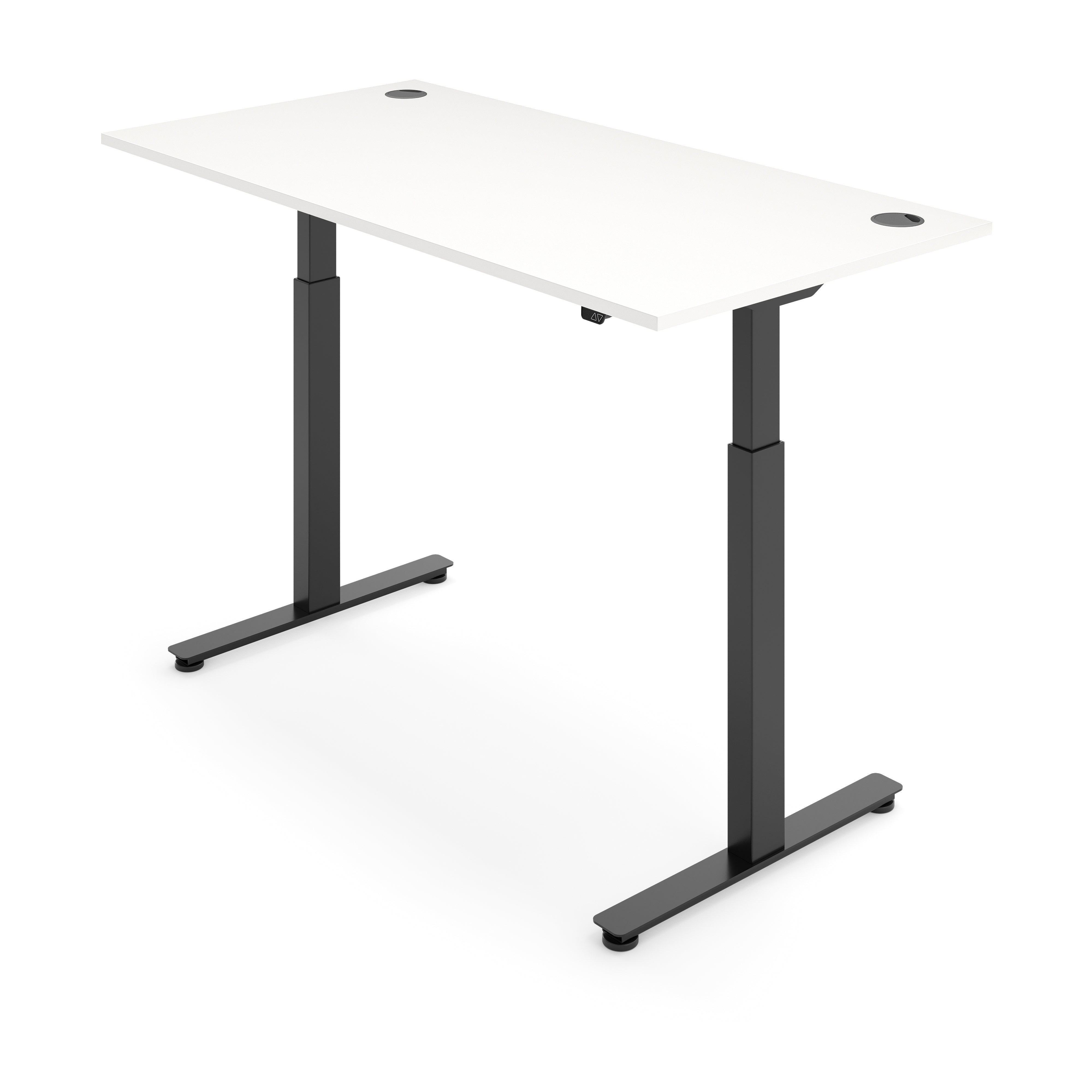 White desk with black adjustable legs on a white background