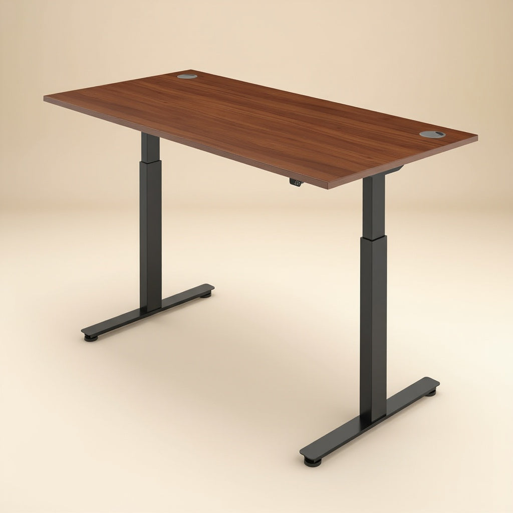 Wooden desk with black adjustable legs on a beige background