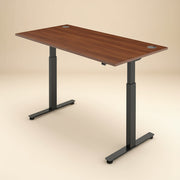 Wooden desk with black adjustable legs on a beige background